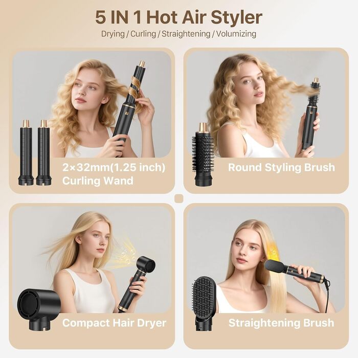 Sendowtek Hairstyler 5 в 1: Мультистайлер для волосся 1000W з насадками для завивки, сушіння, об'єму та укладки. Щітка-фен для жінок та чоловіків