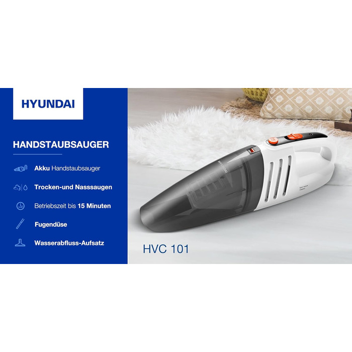Ручний пилосос HYUNDAI HVC 101 для авто та кемпінгу, акумуляторний, для вологого і сухого прибирання, бездротовий, до 15 хвилин роботи