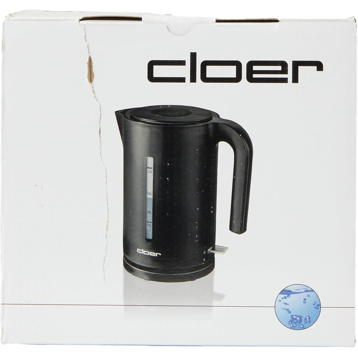 Електрочайник Cloer 4110, 2200 Вт, 1.7 л, чорний, з великим індикатором рівня води, фільтром від накипу, захистом від перегріву та увімкнення без води