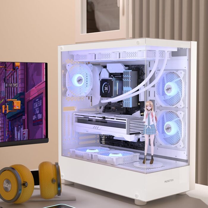 MUSETEX ATX корпус для ПК, білий, з 3 вентиляторами без підсвічування, скляні панелі, Type-C, ігровий корпус середнього розміру
