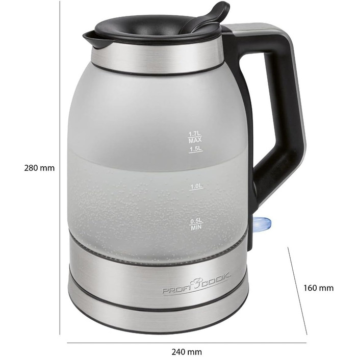 Електричний чайник ProfiCook 1,7 л, скляний, з підсвіткою, BPA-free, 2200 Вт