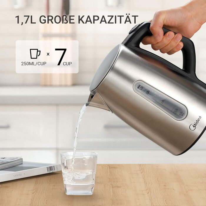 Електрочайник Midea 1,7 л з регулюванням температури, нержавіюча сталь, 2200 Вт, вікно рівня води, підтримка тепла 60 хв