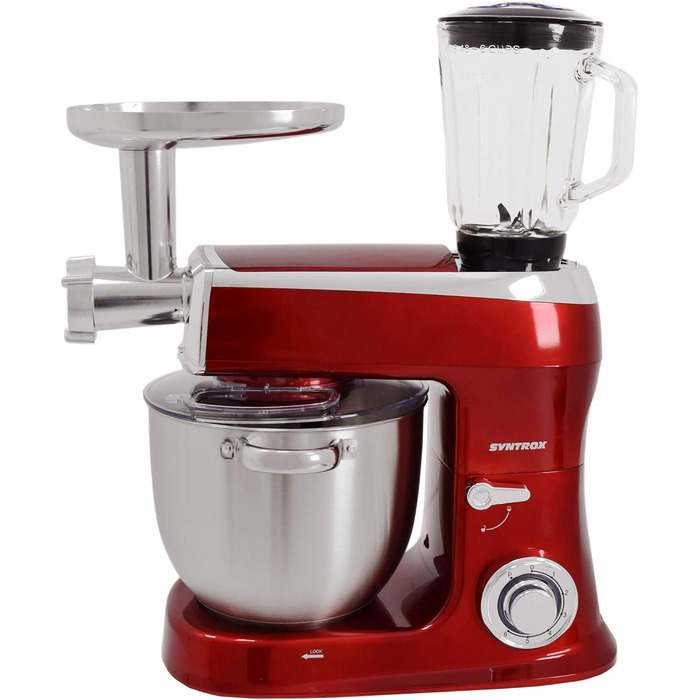 Кухонна машина Syntrox Germany 1500 Вт з м'ясорубкою, міксером та 7,5 л чашею з нержавіючої сталі, червона