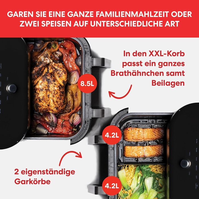Мультифункціональна аерофритюрниця Instant VersaZone XXL 8,5 л з подвійною та одинарною камерою, цифровий аерофрайер з 8 режимами: фритюр, випікання, запікання, гриль, сушка, розігрів, нержавіюча сталь