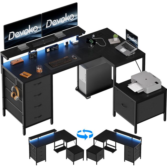 Кутовий стіл Devoko з розетками та USB, 160x120 см, чорний - для дому та геймінгу