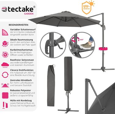 tectake® Парасолька-амбрела для саду та тераси, 300 см, з чохлом, регулюванням висоти, складана, з педаллю та ручкою, UV 50+, сіра