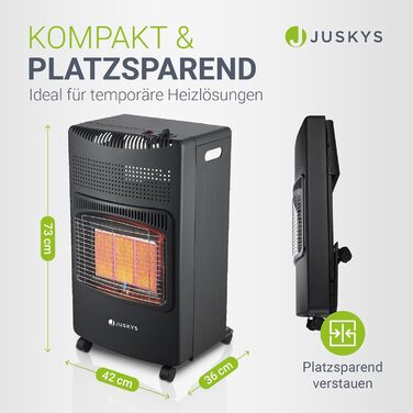 Газовий обігрівач техніка Juskys Keramik GS42US чорного кольору - 4200 Вт з регулятором тиску та шлангом. Мобільний, ефективний та енергозберігаючий газовий нагрівач/піч/прилад. (Газовий балон не входить у комплект)