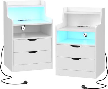 Комплект з 2 тумбочок PIPIPOXER з розеткою, білих, з LED-підсвіткою, 2 шухляди і 2 відкриті ніші, для спальні, сучасний дизайн, 45x35x72.5 см