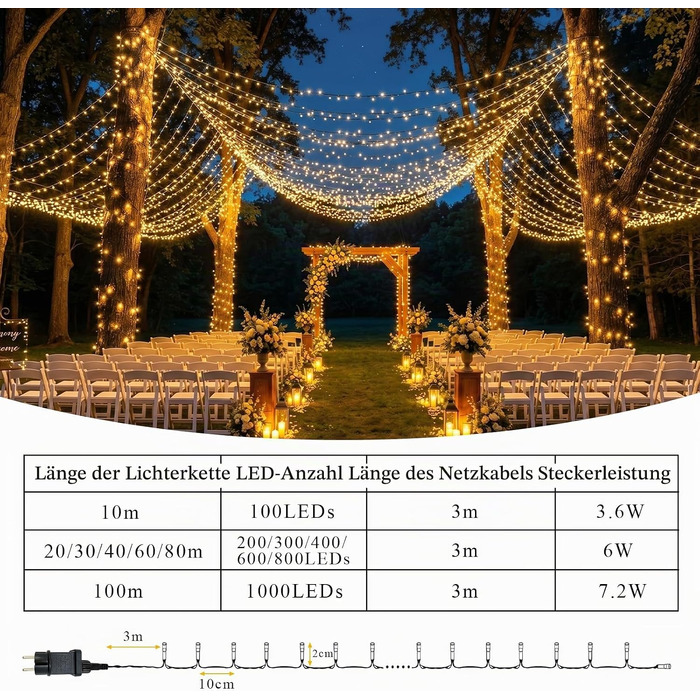 Світлодіодна гірлянда вулична та внутрішня 80м 800LED, теплий білий колір, 8 режимів роботи, таймер, водонепроникна IP44 для саду, балкона та кемпінгу