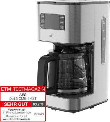Кавоварка AEG CM5-1-6ST Deli 5, 1,5 л, нержавійка, програмований таймер, підтримка тепла, захист, індикатор рівня води, антикрапельна функція