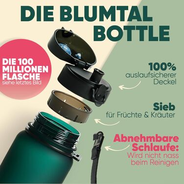 Спортивна пляшка для води Blumtal Premium 800 мл, ударостійка та герметична, BPA-free, з одним натисканням та ситом, колір Petrol