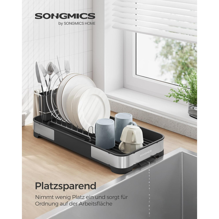 Компактна сушарка для посуду SONGMICS зі стікачем та підставкою для столових приборів, нержавіюча сталь, сріблясто-чорна, KCS034B01