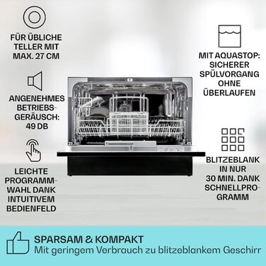 Посудомийна машина Klarstein Mini для 6 персон: компактна, тиха, з 7 програмами, для дому, офісу та кемпінгу, з підключенням до води