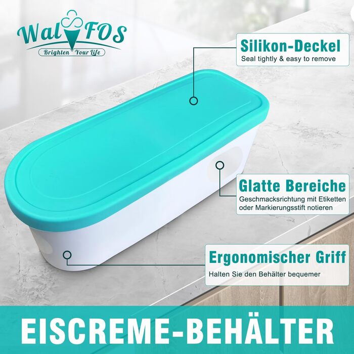 Контейнер для морозива Walfos® 1.5л, 2 шт., багаторазовий, з силіконовою кришкою, для домашнього морозива та йогурту, штабельовані