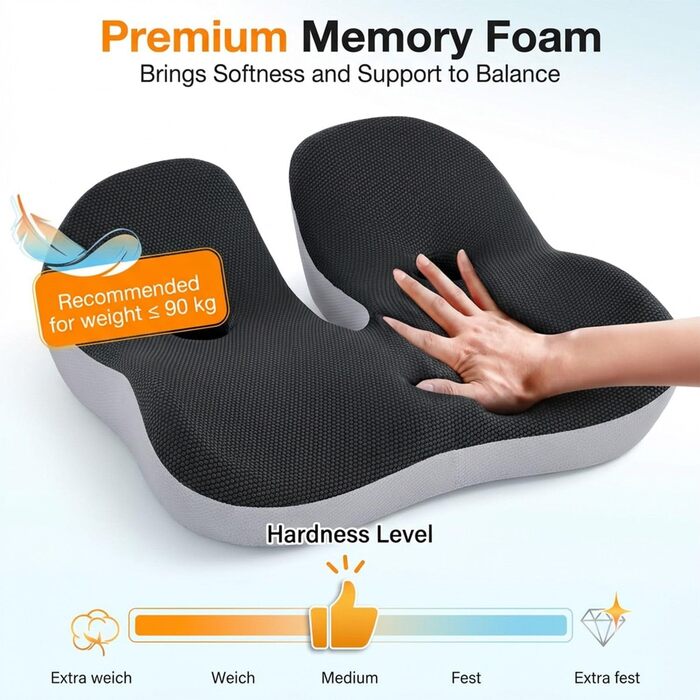 Ортопедична подушка для сидіння на стілець та в авто з Memory Foam - підтримка куприка, зняття болю при ішіасі, для дорослих (Чорний)