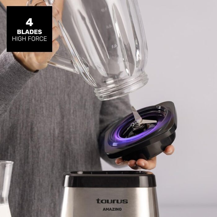 Блендер стаціонарний Taurus AMAZING 1500W, скляна чаша 1.5л, 2 швидкості + турбо, нержавіюча сталь