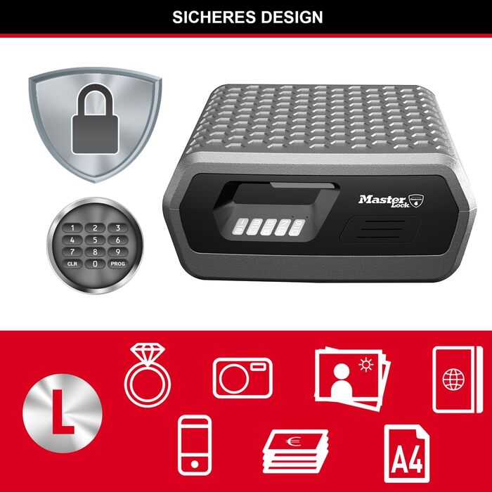 Вогнестійка та водонепроникна касета для документів і грошей MASTER LOCK 10 л, електронний кодовий замок, для A4-документів, CHW30300EURHRO