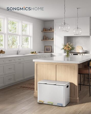 Сортувальний смітник SONGMICS HOME для кухні, 3×15 л, сталевий, з кольоровими педалями, кришками та внутрішніми відрами, металік