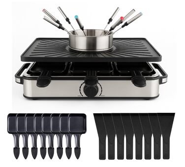 Набір для раклету 8er Raclette - гриль для столу з антипригарними сковорідками та скребками, гранітна та антипригарна плити (набір для фондю)