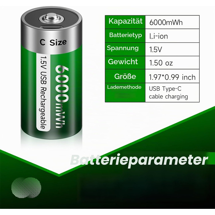 Акумулятори типу C (LR14) 1.5V 6000mWh перезарядні літієві батареї з USB-C портом для швидкої зарядки, 4 шт. (комплект з кабелем)
