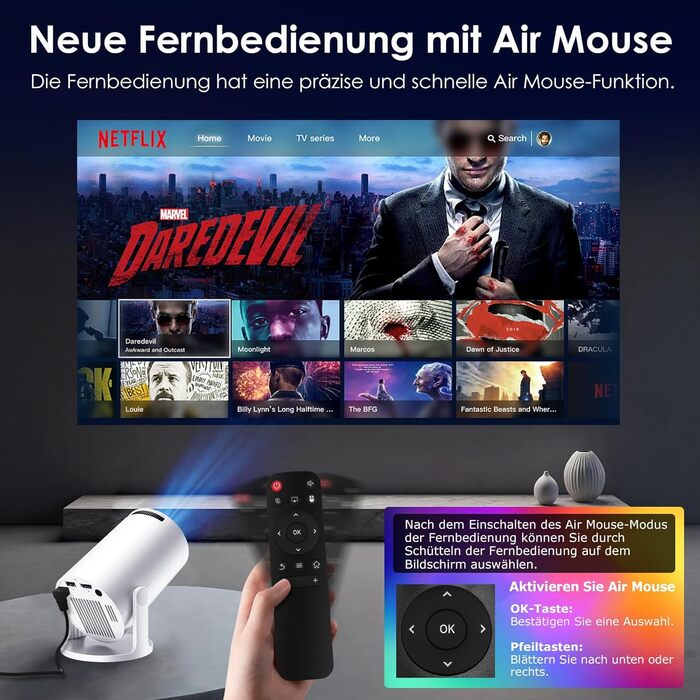 Портативний міні-проектор WOLFANG 1080P з WiFi 6, Bluetooth 5.4 та вбудованими додатками, автокоррекція трапецієподібних викривлень, підставка 180°, для дому та кінотеатру