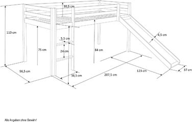 Дитяче ліжко-горище Homestyle4u 90x200 з гіркою, масивна сосна, біле, з ламелями, ігрове ліжко для підлітків