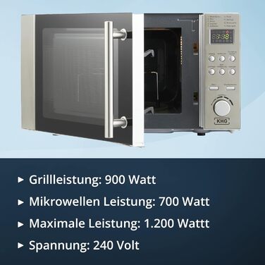 Мікрохвильова піч KHG MW-20.1GS з грилем, 20 л, металева, срібляста, 1200 Вт, 9 автопрограм, таймер 60 хв, цифровий дисплей, дитячий захист