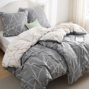 Комплект постільної білизни BEDSURE з мікрофібри, 4 предмети (135x200 см), сірий з гілками — 2 наволочки 80x80 см