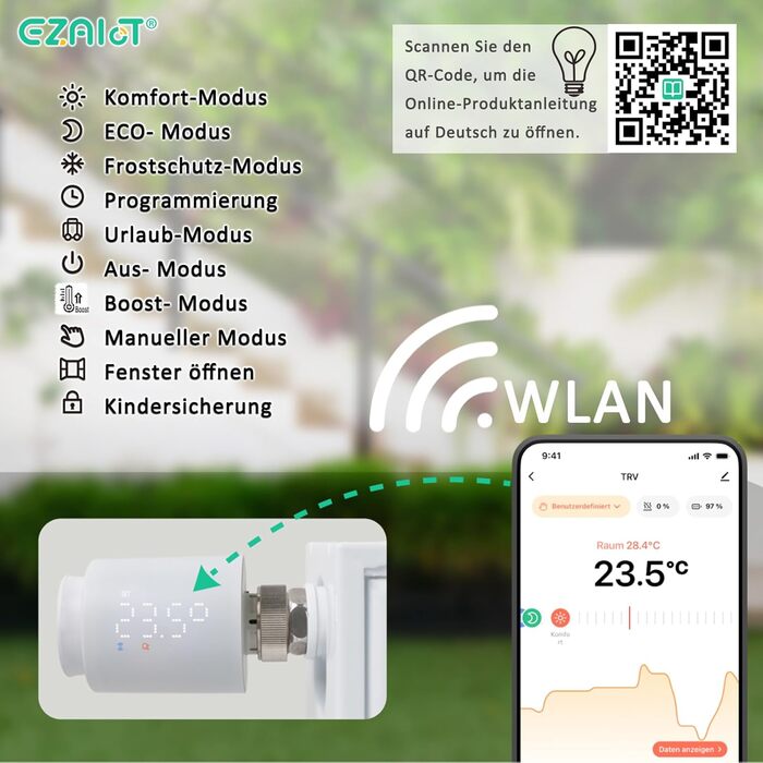 Розумний термостат на радіатор Wi-Fi Tuya EZ-TRV702W з програмуванням, датчиком температури та керуванням через додаток