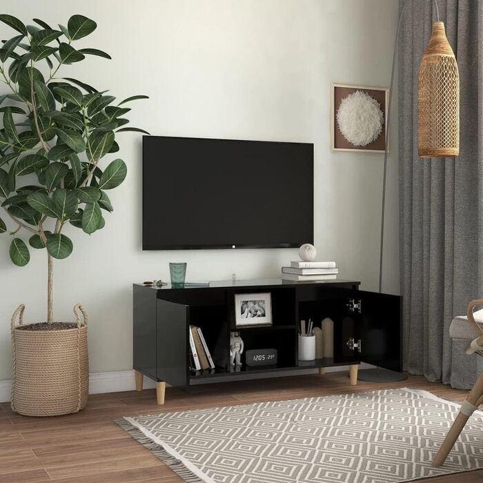 TV тумба vidaXL з масивними дерев'яними ніжками, чорна, 103,5x35x50 см — телевізійна підставка, тумба під телевізор, комод, меблі для вітальні
