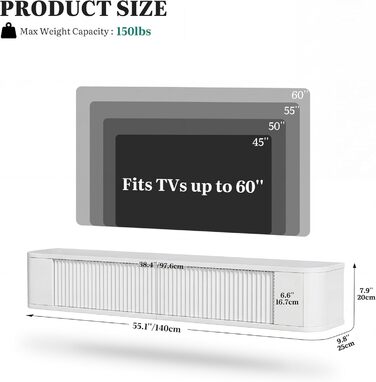 Підвісна тумба під телевізор YITAHOME 140 см з RGB підсвіткою, біла. Настінна поличка для ТБ з великим об'ємом для вітальні та спальні