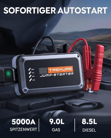 Бустер для автомобіля TREKURE 7000A: Пусковий пристрій (Powerbank) для бензинових двигунів до 9л та дизельних до 6.5л, з функцією примусового запуску, магнітним кріпленням та 4-в-1 LED робочим світлом, сріблястий