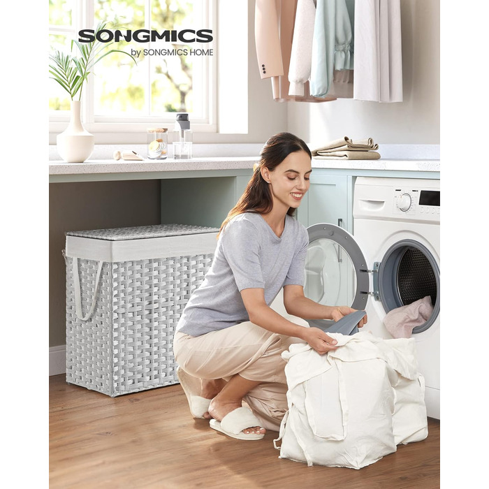 Кошик для білизни SONGMICS з кришкою, 130 л, 2 відділення, знімний мішок, ручки, ручне плетіння, для спальні та ванної, 33x66x60 см, білий