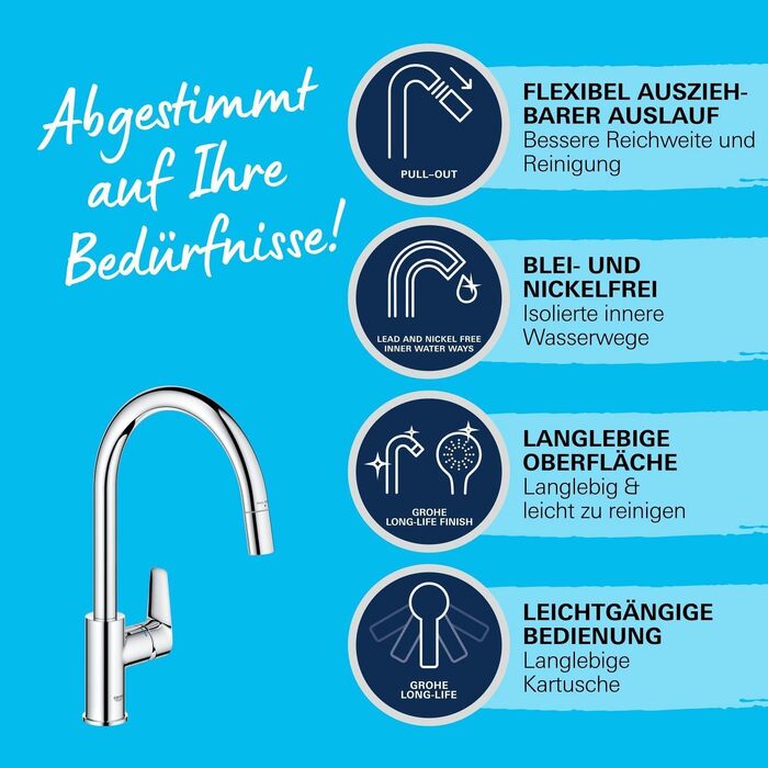 Змішувач кухонний GROHE StartEdge з висувним душем, поворотний на 360°, економія води, хром (30550000)