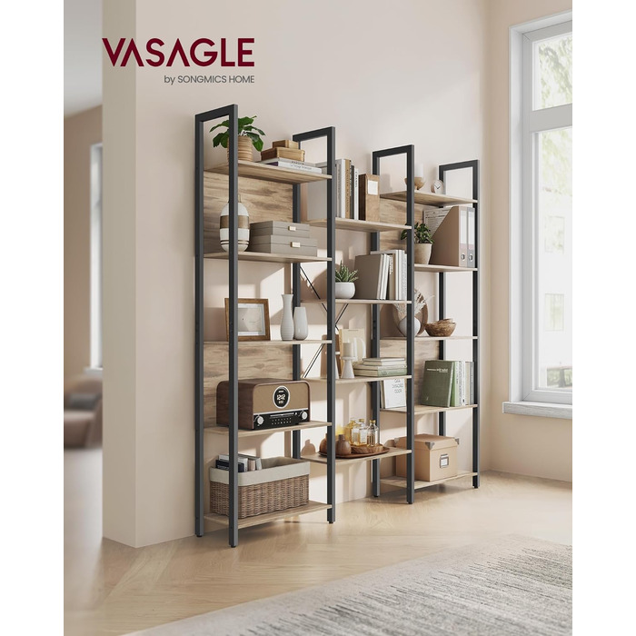 VASAGLE книжкова шафа з 14 полицями, металевий каркас, для вітальні, кабінету, офісу, індустріальний дизайн, 24x158x166 см, чорне дерево
