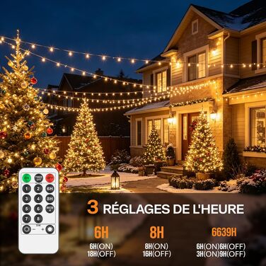 Світлодіодна гірлянда для вулиці та дому 25м 200 LED, теплий білий колір, 8 режимів, пульт керування та таймер, водонепроникна IP44, різдвяна ілюмінація для балкона та саду