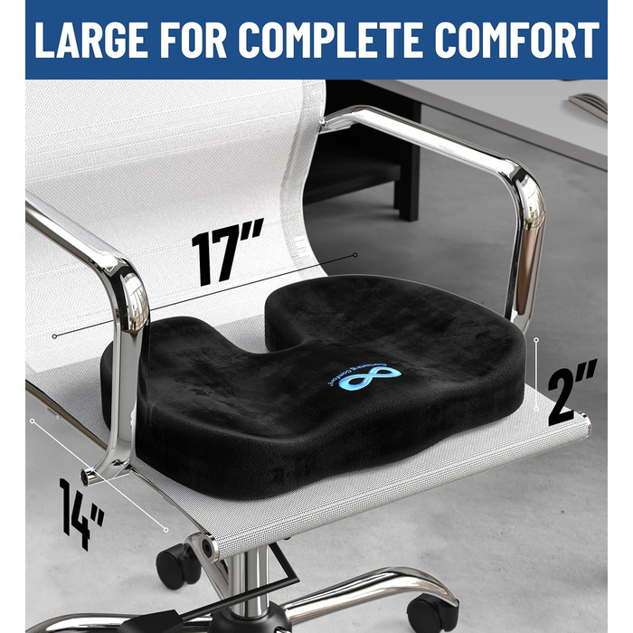 Подушка для сидіння Everlasting Comfort з Memory Foam для комфорту – Ергономічна подушка для підтримки куприка – М'яка подушка на стілець для здорової постави, чорна