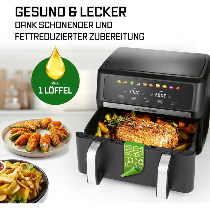Аерофритюрниця GOURMETmaxx AirGenius 10Л з двома камерами (2x5Л), сенсорним керуванням та 10 програмами приготування, для 8 осіб