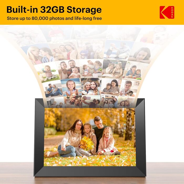 Цифровий фоторамка Kodak 10.1 дюймів з Wi-Fi, HD IPS-сенсорний екран, 32 ГБ пам'яті, автоматичне обертання зображень, можливість ділитися фото та відео через додаток, чорний