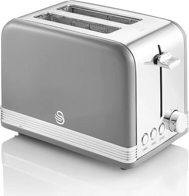 Тостер Swan Retro ST19010GRNEU на 2 скибки, широкий слот, вінтажний дизайн, 3 функції (розморожування, підігрів, скасування), 6 режимів, нержавіюча сталь, сірий, 815 Вт
