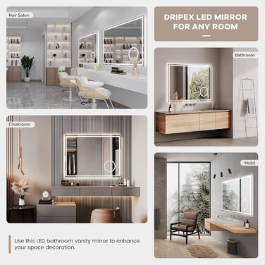 Дзеркало для ванної кімнати з LED-підсвічуванням Dripex, 50x70 см, сенсорне керування, антизапар, холодне біле світло 6400K, енергозберігаюче