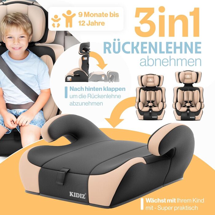 Автокрісло KIDIZ i-Size R129 100-150 см для дітей до 12 років, група 1/2/3 без Isofix, бежеве