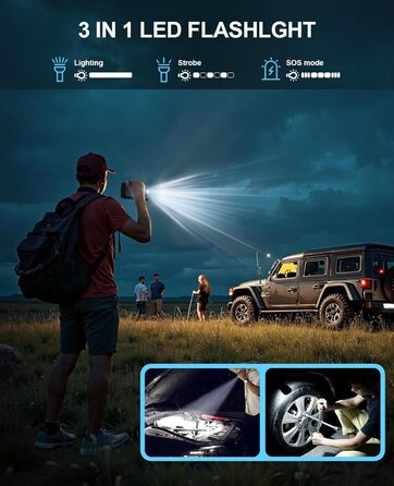 Powerbank з компресором Starthilfe 6500A: автостартер 12V для легкових автомобілів з повітряним насосом, бустер-акумулятор (для 9.0L бензину/8.5L дизеля) з пусковими кабелями, LED ліхтар 500 люмен (чорний), піковий струм 6500A