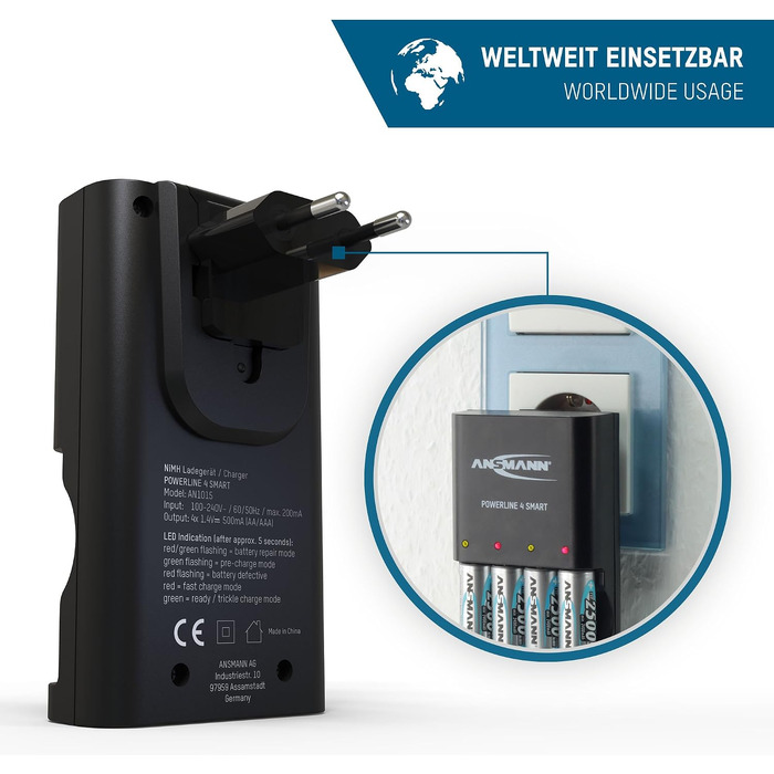 Зарядний пристрій ANSMANN Powerline 4 Smart з 4-ма акумуляторами AA 2100mAh, автоматичний зарядний пристрій з режимом відновлення (Repair-Modus)