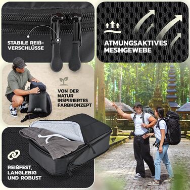 Набір компресійних органайзерів для подорожей BACK&PACKER® (6 предметів) — сумки-пакувальники з переробленого матеріалу для валізи та рюкзака, включаючи мішок для вологого одягу, чорний