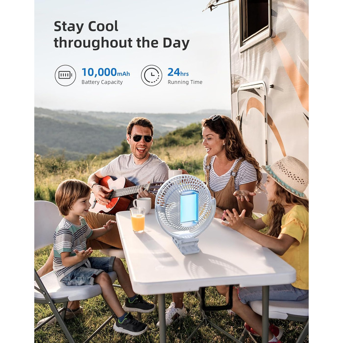 Вентилятор кліпса Koonie 10000 mAh USB, 20 см: портативний, з акумулятором, 4 швидкості, 360° поворот, тихий для дому, офісу, дитячого візочка, кемпінгу, гроубоксу (білий)