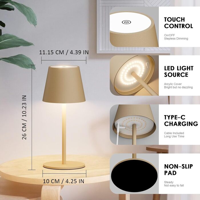 LED настільна лампа Lundwa на акумуляторі 26 см, 5000 мАг, 3W, 3000K, IP54, для кемпінгу, ресторану, спальні, бару (1 шт.)
