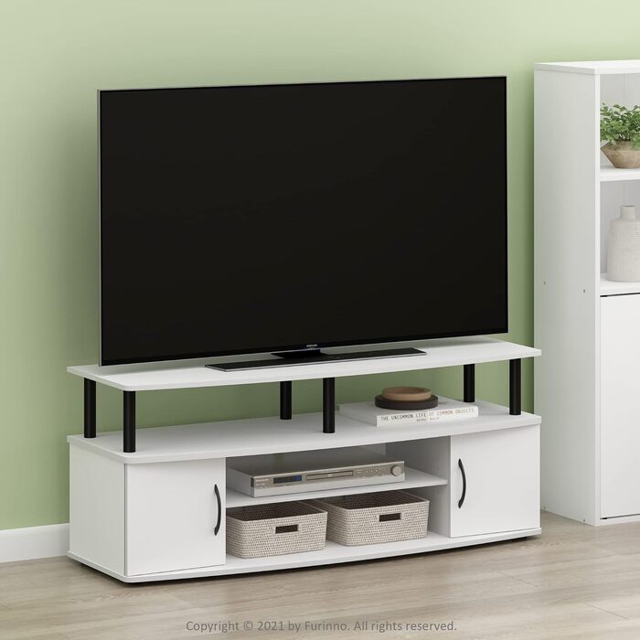 Furinno JAYA велика ТВ-тумба для телевізорів до 55 дюймів, біла/чорна, з нержавіючої сталі