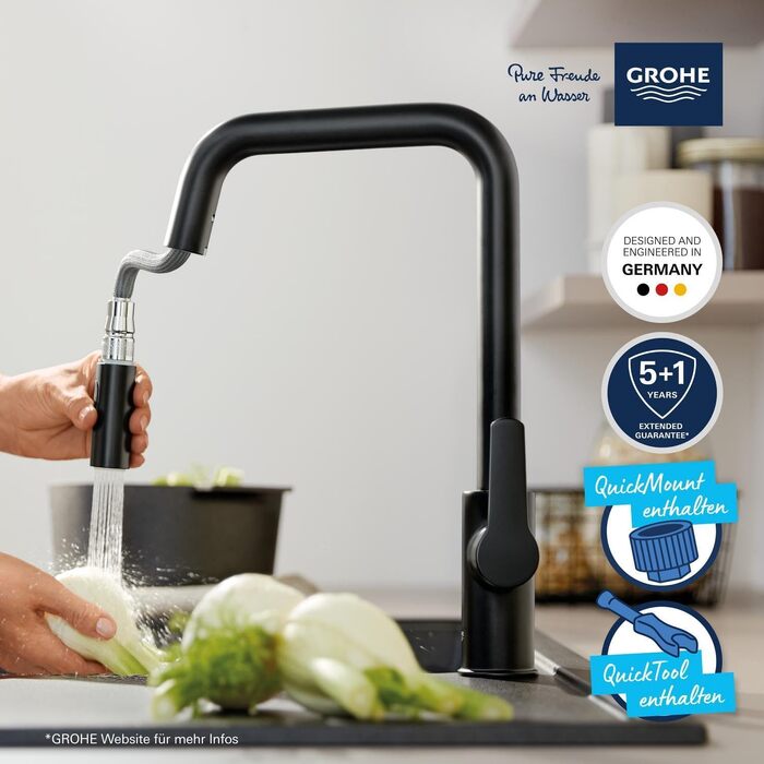 Змішувач кухонний GROHE Start 2 режими, висувна лійка, поворотний на 360°, економія води, чорний матовий 306312430