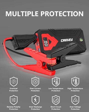 Бустер для авто CARHEV Jump Starter 3000A — Пусковий пристрій з LCD-дисплеєм для бензинових (до 8л) та дизельних (до 8л) двигунів, 12V Powerbank з USB швидкою зарядкою та LED-ліхтарем